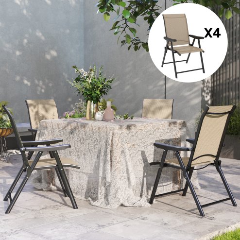 Outsunny Set of 4 Folding Chair, Garden Chair Set with Breathable Mesh Back and Seat, Outdoor Camping Chairs with Armrests, Steel Frame for Deck Balcony, Brown