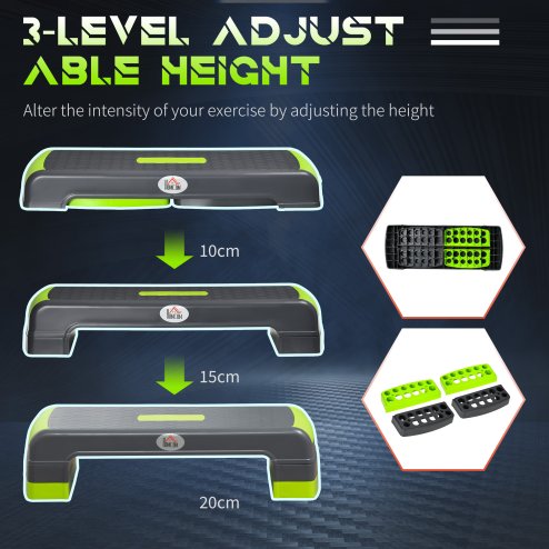 HOMCOM Aerobic Step, 10cm, 15cm & 20cm Height Adjustable Exercise Stepper for Exercise Workout, Nonslip Step Board Great for Home & Office, Grey and Green
