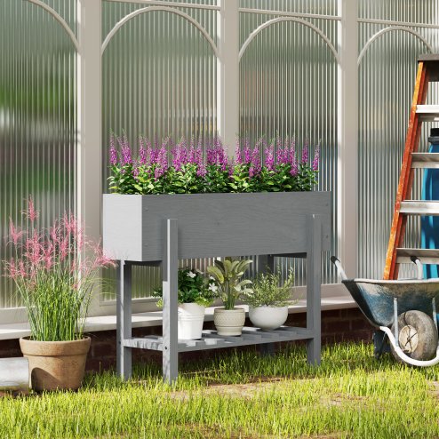 Outsunny Wooden Raised Garden Bed, Elevated Planter Box with Bed Liner, Drainage Holes and Storage Shelf, Raised Planter for Vegetables, Flowers, Herbs, 100 x 30 x 71 cm, Grey