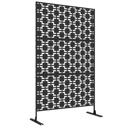 Outsunny Decorative Garden Privacy Screen with Stand, 6.5FT Freestanding Metal Outdoor Divider, Decorative Privacy Panel with Expansion Screws for Garden Pool Hot Tub, Grid Style, Black