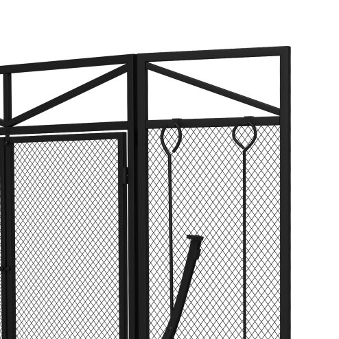 HOMCOM 3 Panel Folding Fire Guard Screen with Fireplace Tool Sets and Front Doors, Freestanding Fire Screen Spark Guard with Feet for Open Fire, Log Burner, Fireplace, 122 x77 cm, Black