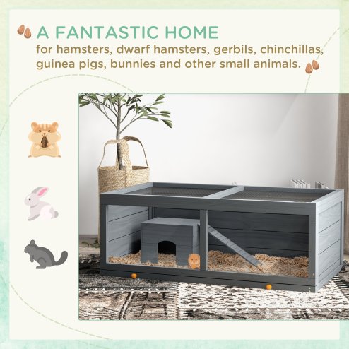 PawHut Wooden Hamster Cage, Small Animal Cage with Sliding Tray, Openable Top, Hut, Exercise Play House for Syrian Hamsters, Grey