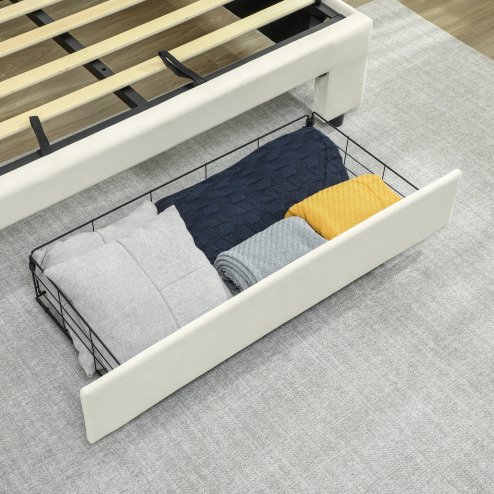 HOMCOM Double Ottoman Bed Frame, 4ft6 Gas Lift Storage Bed with 2-Level Adjustable Velvet Upholstered Headboard, Wheeled Drawer and Wooden Slats, No Mattress, Cream White