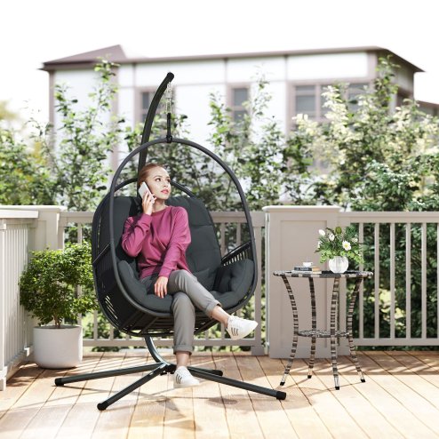 Outsunny Hanging Egg Chair Outdoor Indoor, Swing Hammock Chair with Stand, Cushions, Lumbar Pillow, Adjustable Height and Steel Frame for Garden Patio Lounge Porch, Dark Grey