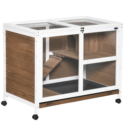 PawHut Rabbit Hutch Indoor Wooden Guinea Pig House Hamster Cage with Wheels, 2 Layers Bunny Cage with Openable Roof, 91.5 x 53.3 x 73 cm, Brown