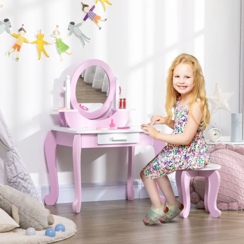 ZONEKIZ Kids Dressing Table, Kids Vanity Set, Girl Makeup Desk w/ Mirror, Stool, Drawer, for Ages 3-6 Years - Pink