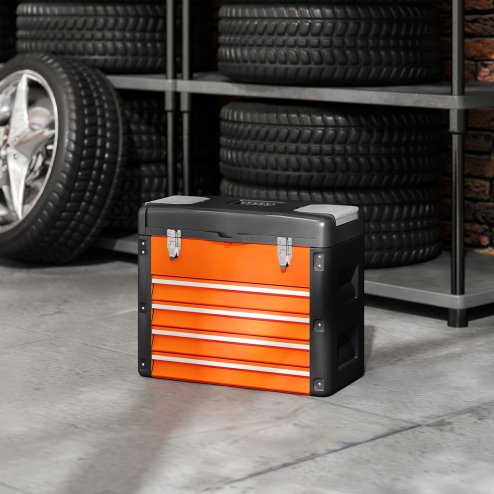 HOMCOM 4 Drawers Large Tool Box, Powder Coated Steel Toolbox with Top Tray, Mini Parts Boxes, Ball Bearing Runners, Handle, Heavy Duty Tool Chest for Workshop, Garage, 497mm x 253mm x 407mm, Orange