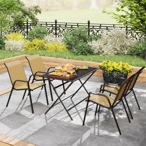 Outsunny Stackable Outdoor Chairs Set of 4, Rattan Garden Chairs with Armrests and Backrest for Deck, Khaki