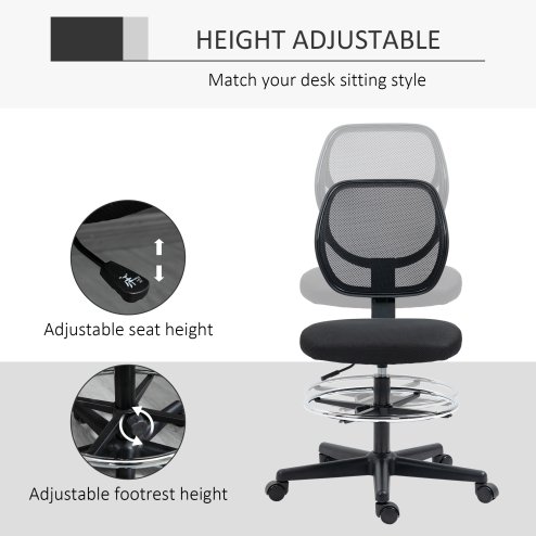 Vinsetto Drafting Chair, Standing Desk Chair, Painting Chair with Adjustable Height, Footrest Ring, Black