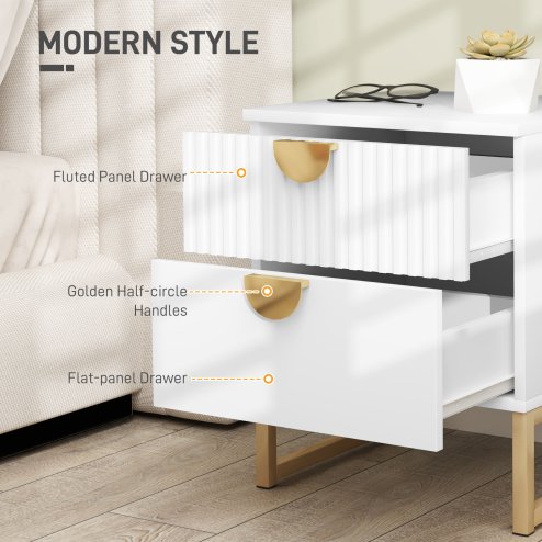 HOMCOM Bedside Table, Bedside Cabinet with 2 Drawers, Modern Side Table with Storage for Bedroom, Living Room, White