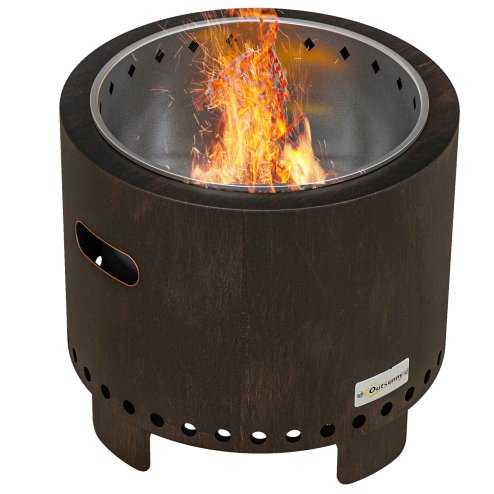 Outsunny Smokeless Fire Pit, 45cm Portable Wood Burning Firepit with Poker, Stainless Steel Liner for Garden Camping Bonfire Party, Metal, Black