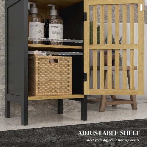 HOMCOM Slim Bathroom Storage Cabinet, Small Bamboo Bathroom Cabinet with Open Compartment and Adjustable Shelf