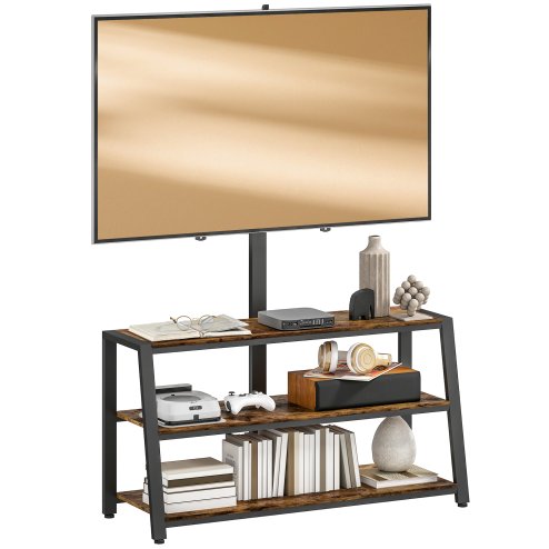 HOMCOM TV Stand Cabinet with Swivel Bracket for 32 - 65 Inch TVs, Industrial TV Cabinet with Open Shelves, Cable Management, Trapezoid-Shaped Steel Frame for Living Room, Bedroom, Rustic Brown