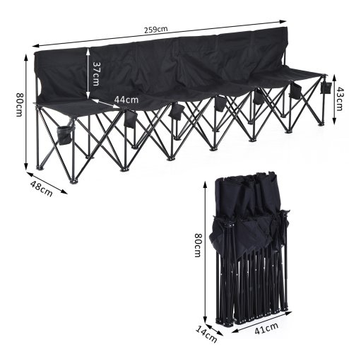 Outsunny 6 Seater Folding Bench, Outdoor Camping Chair Portable Sports Spectator Chair with Metal Frame, Cup Holder & Carry Bag, Black
