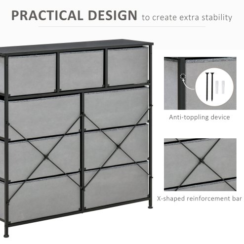 HOMCOM 9 Drawers Storage Chest Dresser Organizer Unit w/ Steel Frame, Wood Top, Easy Pull Fabric Bins, for Bedroom, Hallway, Entryway, Black & Grey