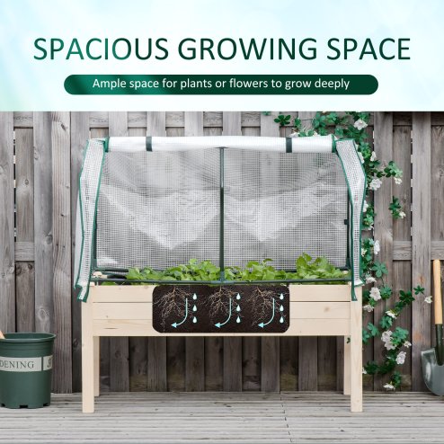 Outsunny Raised Garden Bed with PE Greenhouse Cover, Outdoor Elevated Wood Planter Box for Herbs and Vegetables, Use for Patio, Garden, Balcony, 121 x 55 x 117cm, Nature Wood Finish