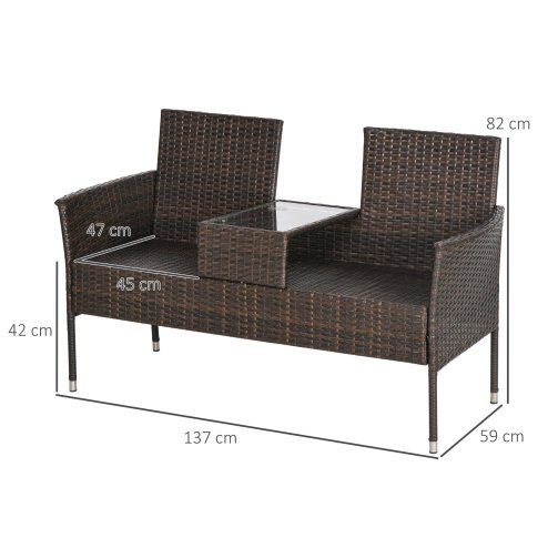 Outsunny 2 Seat Rattan Garden Bench, Patio Wicker Chair with Glass Tea Table, Outdoor Love Seat with Padded Cushions, for Garden, Porch, Brown/Cream White