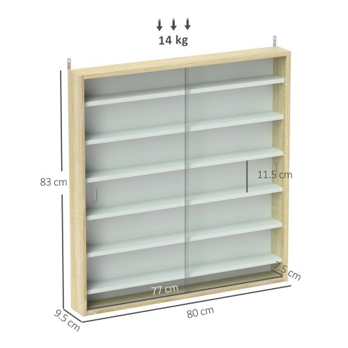 HOMCOM 7-Tier Wall Mounted Display Cabinet, Display Case with 6 Adjustable Shelves, Glass Doors for Home Office Ornaments 83x80cm, Oak