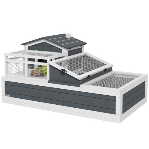 PawHut Tortoise House 3-Room Wooden Tortoise Enclosure Large Reptile Cage with 2 Stories, Ladder, Balcony, Tray, Openable Roof, 59H x 112L x 65Wcm, Grey