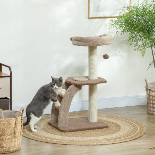 PawHut Cat Tree for Indoor Cats, 88cm Cat Tower with Sisal Scratching Post, Hanging Ball, Large Cat Perch, Stairs, Cat Activity Centre for Kitten, Brown