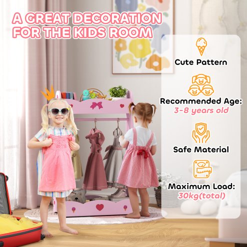 AIYAPLAY Kids Clothes Rail, Dress Up Rail with Top, Bottom Storage Shelves, for Bedroom, Kids Room, Nursery, 70 x 37 x 103cm, Hot Pink