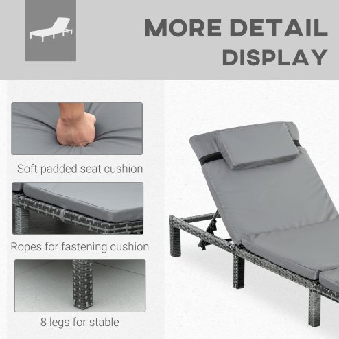 Outsunny Rattan Sun Lounger, 5-Level Adjustable Garden Lounger Recliner with Cushion and Headrest, Outdoor Reclining Sunbed, Steel Frame Garden Chair for Patio, Beach, Terrace, Dark Grey