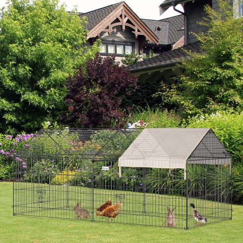 PawHut Rabbit Run Playpen, Guinea Pig Cage with Pitched Roof, Sun Protection Cover, 220 x 103 x 103 cm, Metal Enclosure for Small Animals, Chickens, Ferrets, Beige
