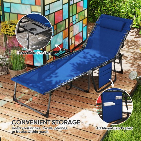 Outsunny Folding Sun Lounger with Side Table, 5-Level Adjustable Reclining Sun Lounger Chair, Portable Garden Recliner Sunbed with Side Pocket, Head Pillow for Patio, Beach, Dark Blue