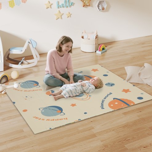 AIYAPLAY Baby Play Mat Double Sided, Foldable & Reversible Activity Playmat, Waterproof Kids Foam Crawling Mat for Outdoor Indoor Playtime Picnics, 177 x 146 x 1.5cm, Astronaut & Planet Theme