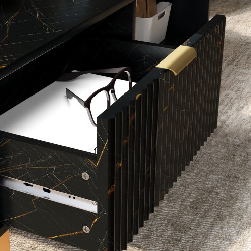 HOMCOM Marble-Effect Coffee Table with Storage, Living Room Table with Drawer and 2 Open Shelves, Modern Centre Table with Fluted Door, Black