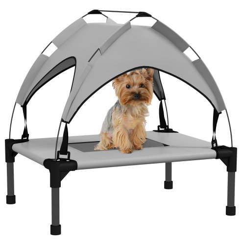PawHut Cooling Raised Dog Bed, Elevated Pet Bed with Breathable Mesh, UV Protection Canopy, Foot Pads, for Indoor Outdoor, Mini, Small Dog, 61 x 46 x 63cm - Light Grey