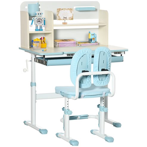 HOMCOM Kids Desk and Chair Set, Height Adjustable Kids Study Table and Chair Set with Storage Shelves, Washable Cover, Anti-Slip Mat, for Ages 3-12 Years - Blue