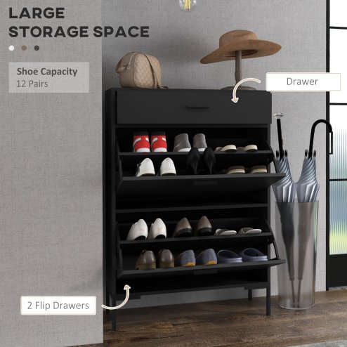 HOMCOM 3 Drawer Shoe Cabinet with 2 Flip Doors, Sliding out Drawer and Adjustable Shelf for 12 Pairs of Shoes, Narrow Shoe Storage Cabinet for Hallway, Entryway