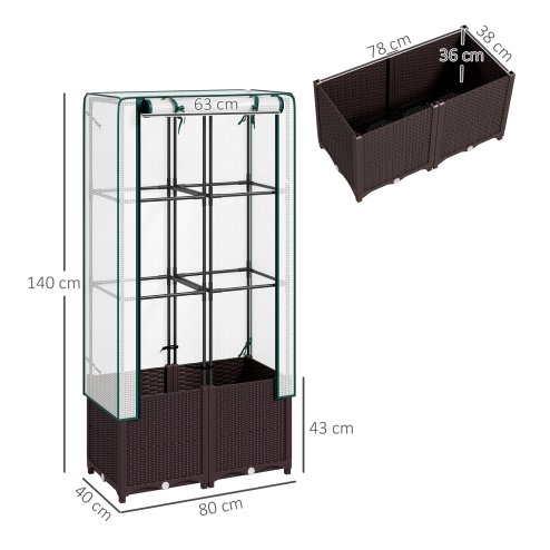 Outsunny Raised Garden Bed with Trellis, Plastic Planter Box with PE Cover, Drainage Holes, Drain Plugs and Water Reservoirs for Climbing Plants, Vegetables, Flowers, 80 x 40 x 140 cm