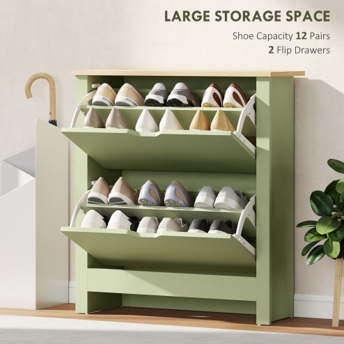HOMCOM Narrow Shoe Cabinet, Space Saving Shoe Storage Cabinet with 2 Flip Drawers and Adjustable Shelves for 6-12 Pairs of Shoes for Hallways and Living Room, Green
