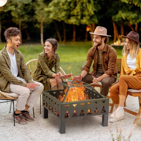 Outsunny 66cm Outdoor Fire Pit with Screen Cover, Wood Burner, Log Burning Firepit Bowl with Poker for Patio, Backyard, Black