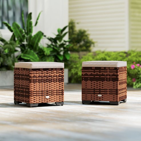 Outsunny Set of 2 Rattan Storage Ottoman, Outdoor Footstool with Removable Cushions, Garden Storage Seat for Balcony, Porch, Living Room, Beige