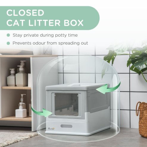 PawHut Cat Litter Tray with Hood Enclosed Cat Litter Box Pet Toilet w/ Lid, Scoop, Front Entry, 47.5 x 35.5 x 36.7cm - Grey