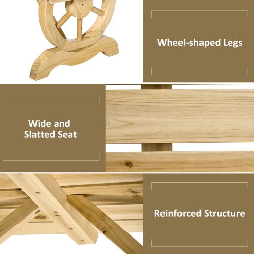 Outsunny Garden Rustic Wooden Bench Wheel-Shaped Legs Slatted Seat Stable Reinforced Structure Outdoor Patio Garden 2-Person Bench Seat - Natural Wood Effect