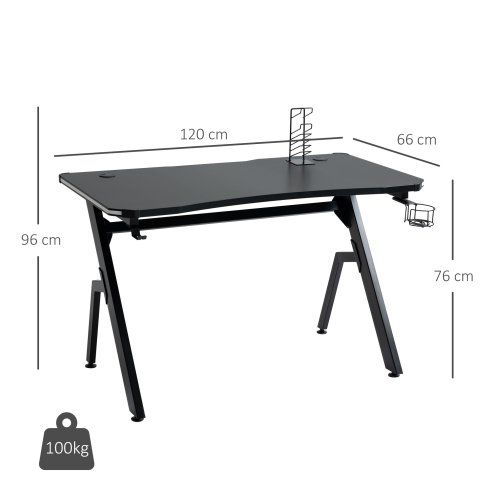 HOMCOM RGB 120 x 66cm Gaming Desk, Computer Table with Carbon Fibre Surface, Headphone Hook, Cup Holder, Controller Rack, Home Office Desk
