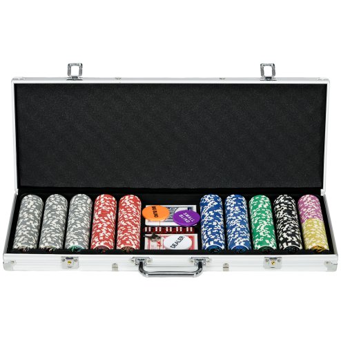SPORTNOW 500-Piece Poker Chips Set with Aluminium Case, Holdem Poker Set with Mat, 11.5g Numbered Poker Chips, Two Decks of Cards, Dealer, Five Dices