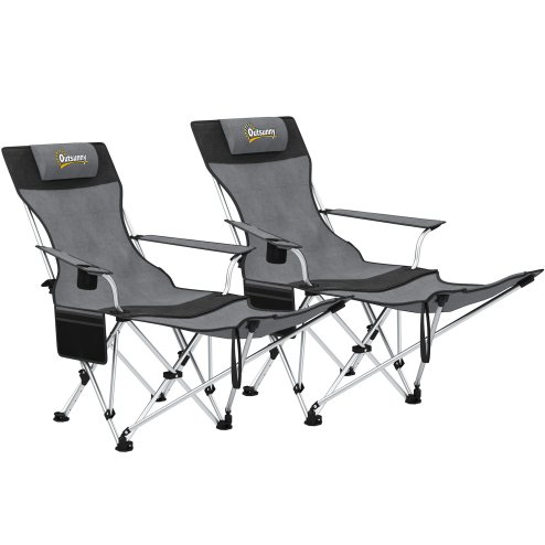 Outsunny Set of 2 Reclining Folding Camping Chair w/ Detachable Footrest, Storage Bag, Cup Holder & Headrest, Lightweight Portable Camp Chair for Beach, Picnic, Grey and Black