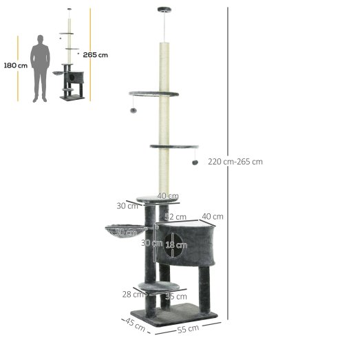 PawHut Floor to Ceiling Cat Tree for Indoor Cats Play Tower Climbing Activity Center Scratching Post Platforms Condo Adjustable Height 220-265cm Dark Grey