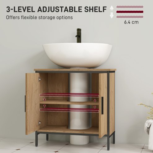 HOMCOM Under Sink Bathroom Cabinet, Industrial Freestanding Under Sink Cabinet with 2 Doors, Adjustable Shelf and Steel Frame for Basin without or with Pedestal, Oak