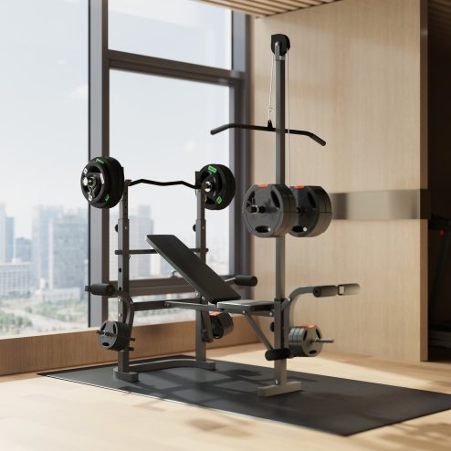 SPORTNOW Adjustable Weight Bench with Bench Press Rack, Leg Extension, Preacher Curl Bench and Lat Pull Down Machine for Home Gym, Incline or Flat Workout Bench for Strength Training Weight Lifting