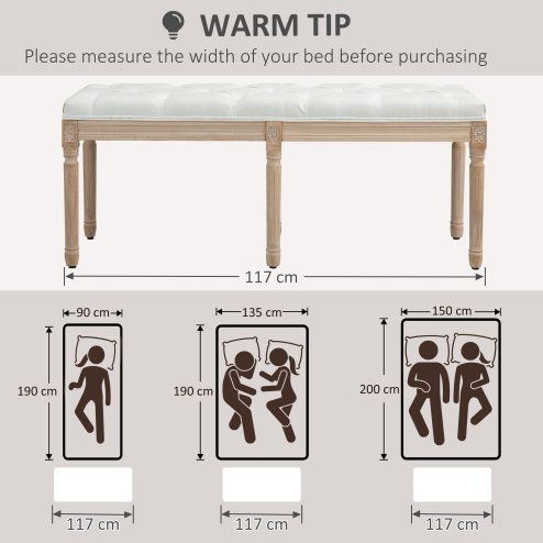 HOMCOM Bedroom End of Bed Bench, 117cm French Vintage Bench with Thick Padding and Wood Legs, Button Tufted Bench for Entryway Living Room Bedroom Decor, Cream White