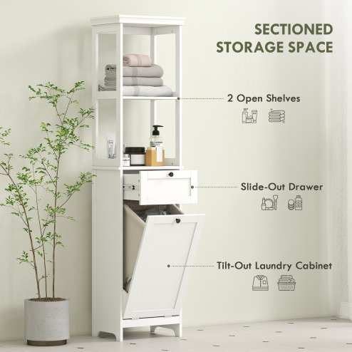 HOMCOM Tall Bathroom Cabinet with Removable Laundry Basket, Slim Bathroom Storage Unit with Tilt-Out Laundry Cabinet, 2 Open Shelves and Drawer, 40 x 30 x 165 cm, White