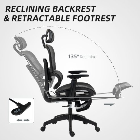 HOMCOM Ergonomic Office Chair, Mesh High Back Computer Desk Chair with 3 Level Adjustable Back, Adjustable Lumbar Support, Swivel Recliner with 3D Armrest, Headrest, Footrest, Black