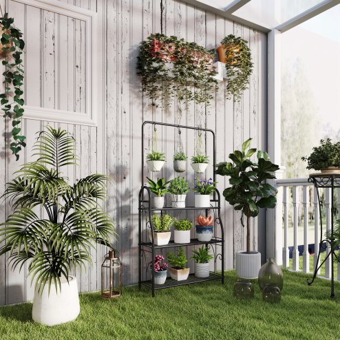 Outsunny 3 Tier Plant Stand with Hanging Rod and Hooks, Metal Plant Rack Shelf, Ladder Flower Pot for Indoor Outdoor Porch Balcony Living Room Bedroom, Black