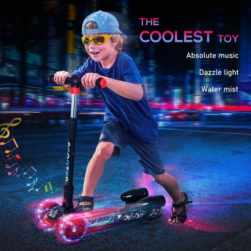 HOMCOM Kids Scooter, 3 Wheel Foldable Kick Scooter Adjustable Height w/ Flashing Wheels, Music, Water Spray for 3-6 Years, Black